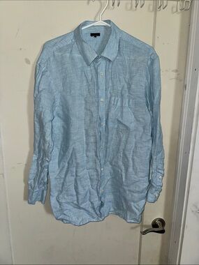 Patrick Assaraf Casual Light Blue Long-Sleeve Button-Down Linen Shirt XL